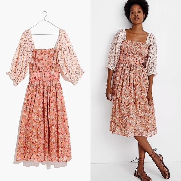 APIECE APART Floral Puff Sleeve Square Neck Smocked Waist Midi Prairie Dress 0 - Picture 4 of 5